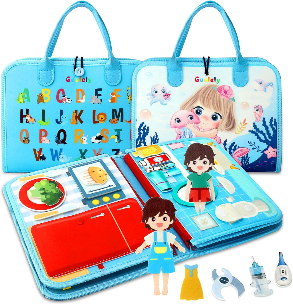 Guolely Busy Board Montessori Toy for 1 2 3 4 Year Old Toddlers - Educational Activity Developing Sensory Board for Fine Basic Dress Motor Skills - Travel Toys for Plane Car, Gift for Boys Girls